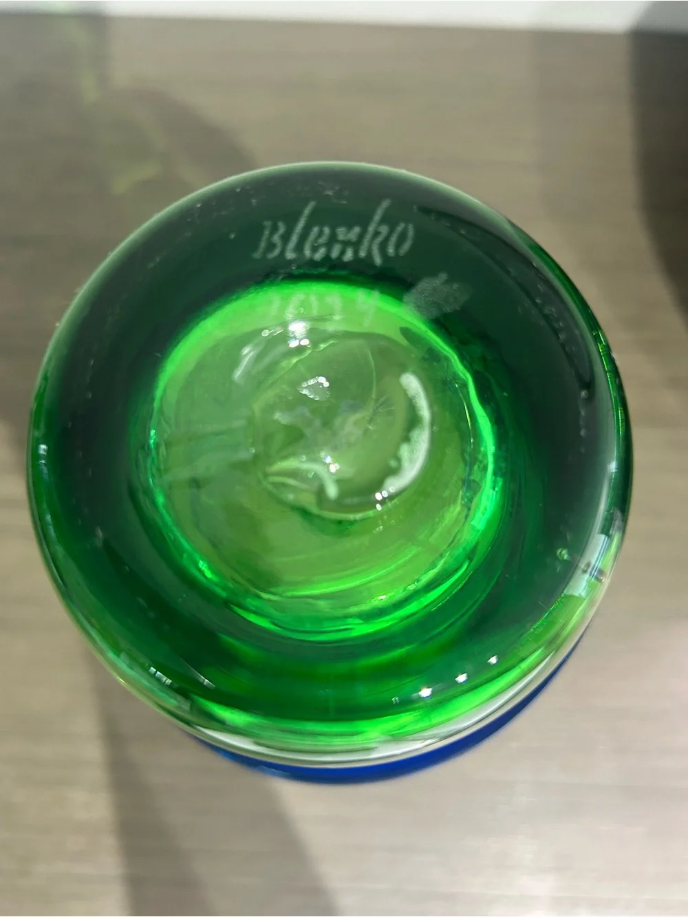 Blenko Green Vase Blue Applied Swirl 11 3/4” Rare 2014 Signed